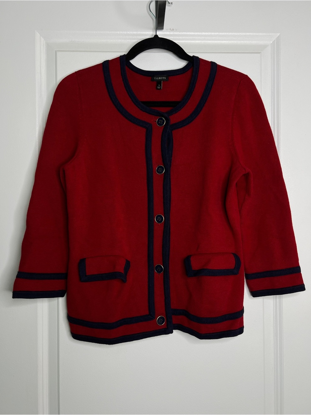 Talbots Red and Navy Trim Button Front Cardigan Sweater Preppy Academic Small